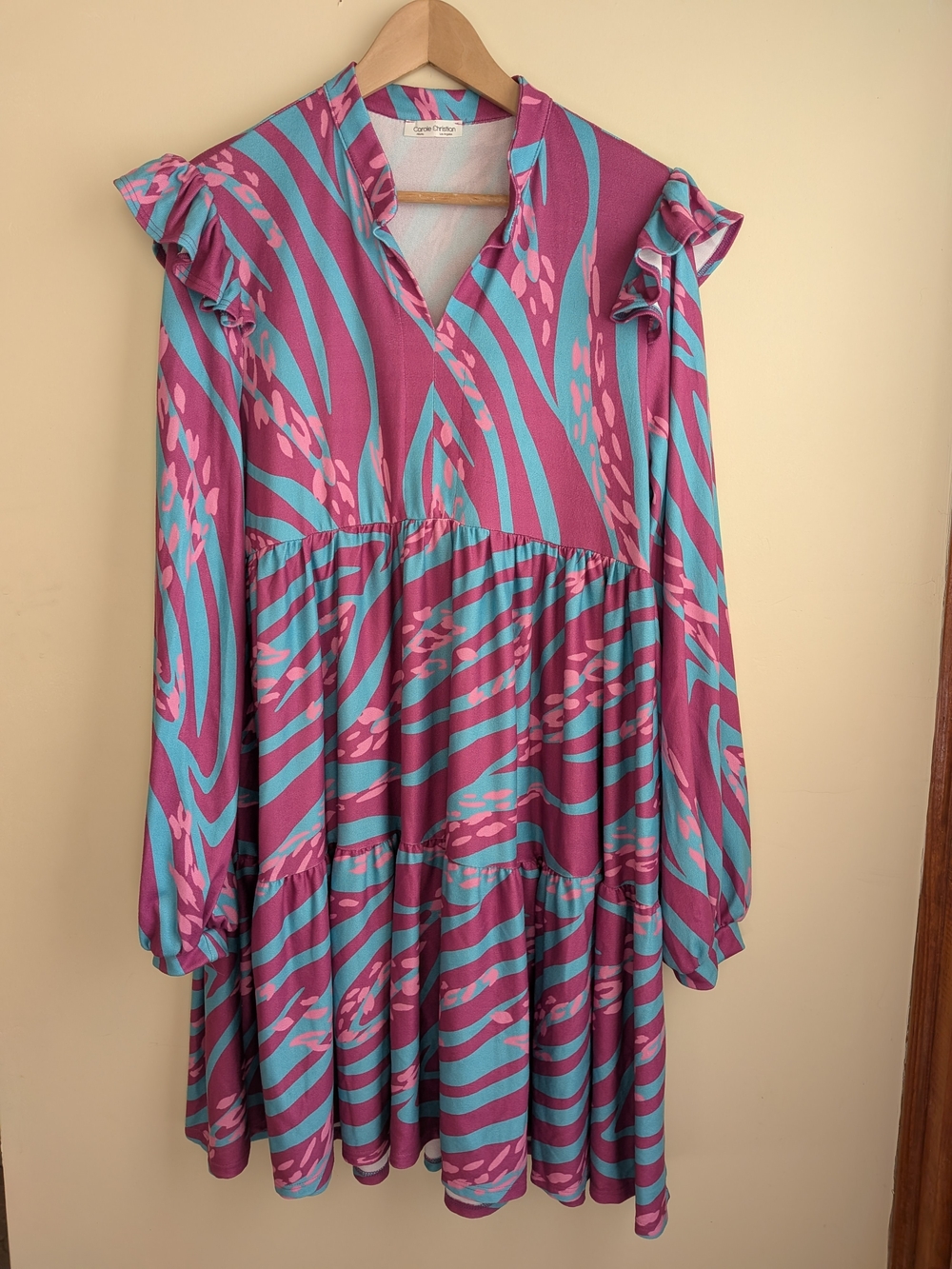 Ruffle-Shoulder Tiered Long-Sleeve Dress in Pink & Teal